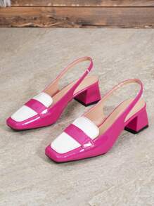 French Style Two-Tone Backstrap Square Toe Sandals, Woman Summer New Mid-Heel Shoes - Pink - View 6