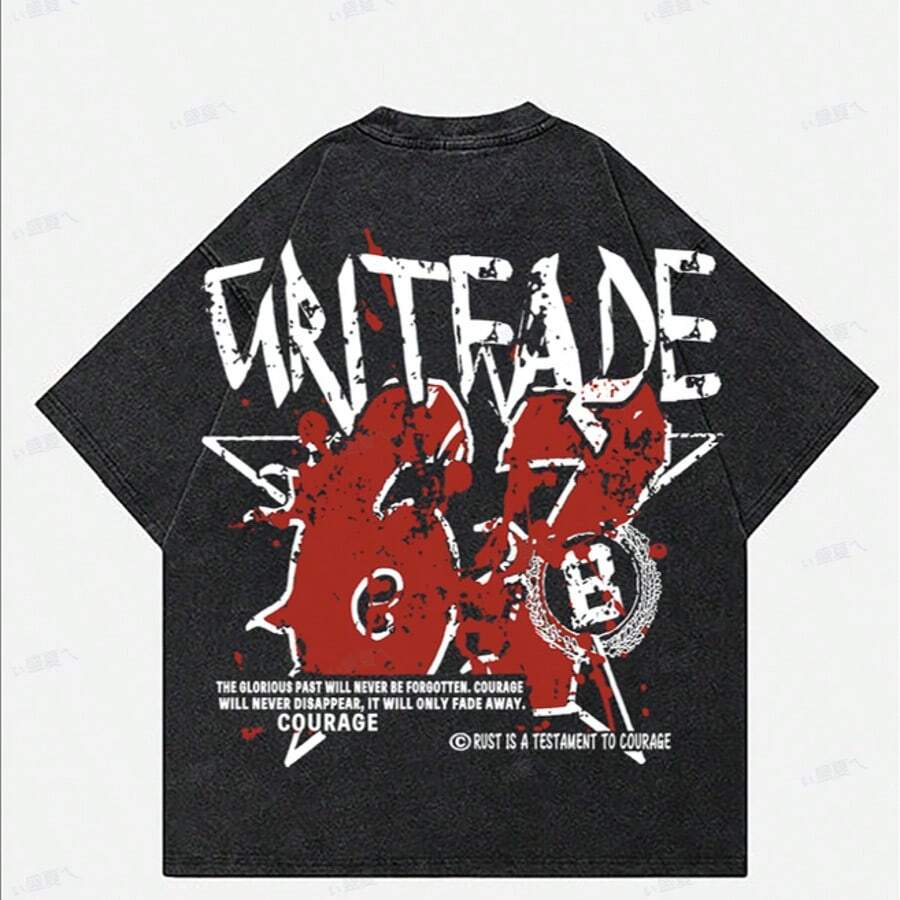 男士重磅美式印花短袖 T 恤，夏季休闲宽松圆领半袖时尚街头潮流 T 恤 - 黑色 - 查看 1