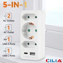 CILIA 1/2 Pcs 5-In-1 Multi Outlet Adapter Extender With USB,Type-C And 3 European Socket - European Converter For Home, Office,Travel,White