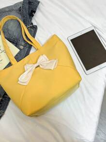 Large Capacity Women's Shoulder Bag, Fashion Patchwork Bow Solid Color Tote - Yellow - View 3