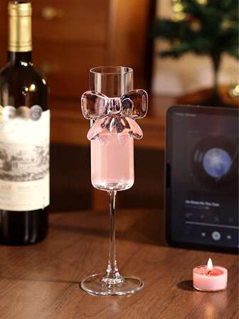 1pc Creative Pink Bow Champagne Flute, Suitable For Home Dining Table, Holidays And Weddings. Oversized Bow Glass Candle Holder, High-End Restaurant Decor, Romantic Candlelight Dinner Back To School