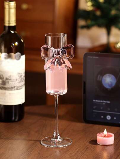 1pc Creative Pink Bow Champagne Flute, Suitable For Home Dining Table, Holidays And Weddings. Oversized Bow Glass Candle Holder, High-End Restaurant Decor, Romantic Candlelight Dinner Back To School
