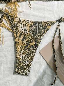 Summer Beach Old Money Euro Western Retro Leopard Print Halter Triangle Top And Side Knot Tie Bikini Swimwear Set
