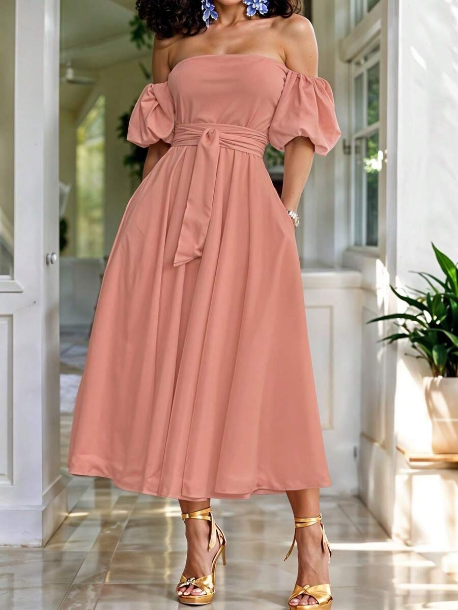 Women's Off Shoulder Long Dress Adjustable Belt Puff Sleeve - Nude Carne - 查看 1