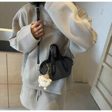 Black Patchwork Quilted Color Block Fashion Retro Pom Pom Decor Women's Handbag, PU Material, Zipper Closure, Dual Top Handles, Adjustable Shoulder Strap, Elegant For Daily Wear, Outing, Commute, Shopping