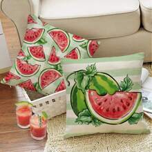 4 件装夏季西瓜装饰枕套，生活甜蜜红绿格纹门廊户外家居装饰，花卉农舍季节性沙发靠垫套，单面无枕芯 - 彩色 - 查看 5