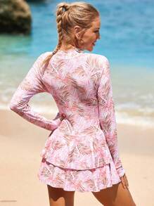YEMUXLY Traje de baño de una pieza con mangas largas y cobertura completa, con estampado floral en toda la prenda, protección UV para la playa