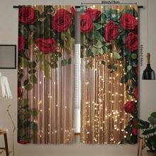 2pcs Glitter Rose Flower Digital Printed Curtain, Polyester Material, Rod Pocket Design, Suitable For Living Room, Kitchen, Bedroom, Study, Bathroom, Hotel, Dining Room, Foyer, Home Decor