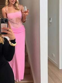 女士蕾丝镶嵌海滩度假婚礼派对性感细肩带连衣裙 - 粉色 - 查看 5