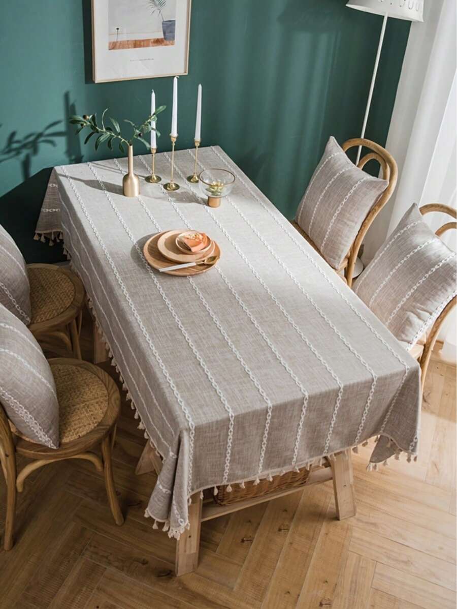 1pc Rustic Style Beige Multi-Line Tablecloth, Rectangular Coffee Table, TV Cabinet, Decorative Dining Table Cover For Kitchen, Family Gathering, Outdoor Picnic - Multicolor - View 1