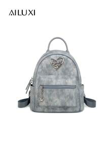 AILUXI 60004: Fashionable Heart Detail Solid Color Print Backpack For Women, Minimalist Design, Commuting & Short Trip Blue Mini Backpack - Blue - View 2