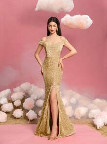 Off-Shoulder Meerjungfrauenkleid für Teenager-Mädchen mit hohem Schlitz und bodenlangem Zug - Elegantes Abendkleid für Teenager-Mädchen für Galas, Abschlussbälle, Hochzeitsempfänge, rote Teppich-Veranstaltungen und Dinners im schwarzen Anzug - Champagnerfarben - Übersicht 4