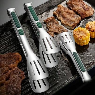 3pcs Set Stainless Steel Easy-Grip Clamps, Cookout Tongs, Heat-Resistant Non-Slip BBQ Grill Tongs, Meat Claws, For Cooking, Serving, BBQ, Grilling, Salad, Kitchen Tools, Baking Accessories