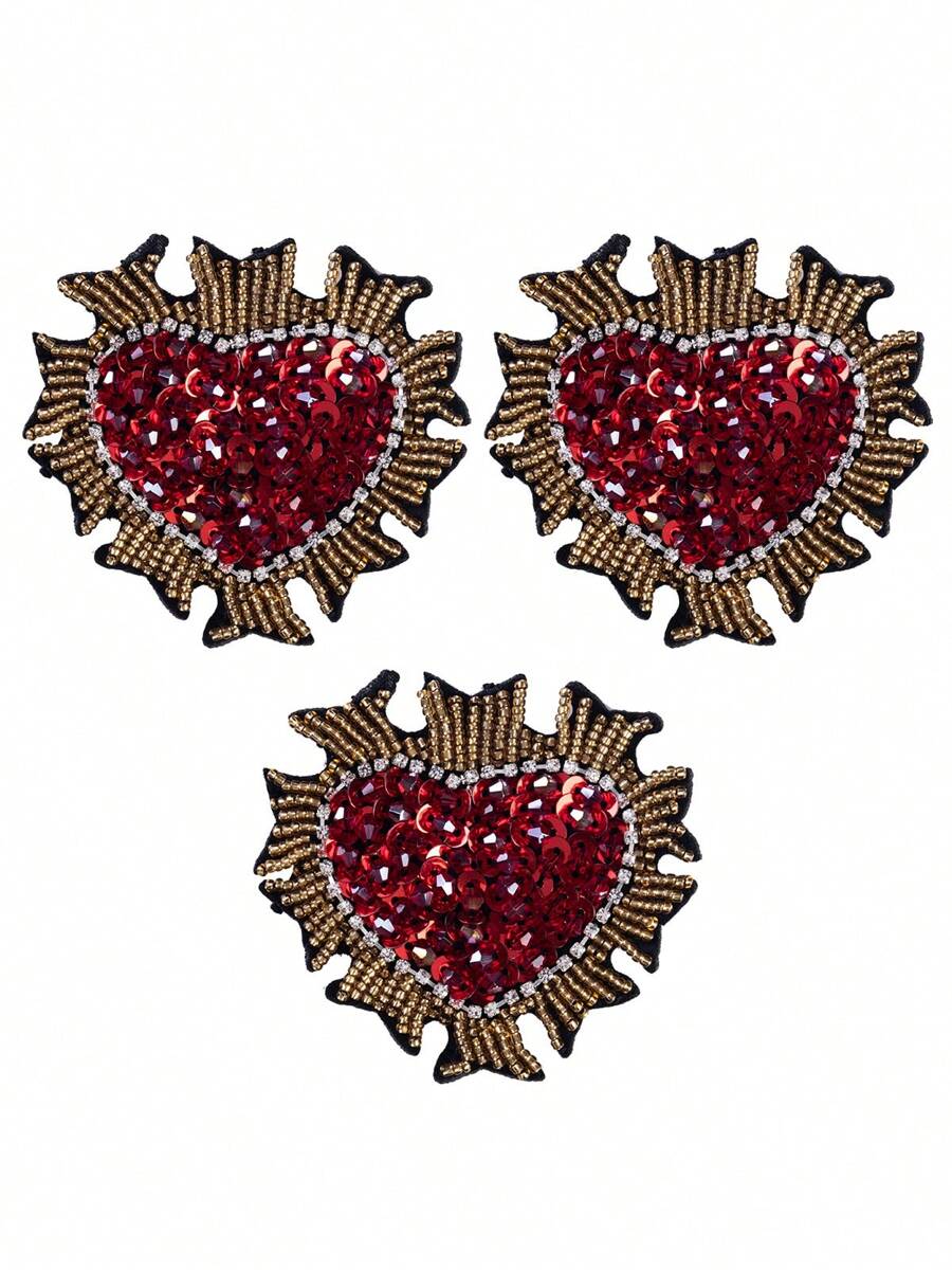 3件/套 红色心形手工串珠贴片，DIY服装配饰，刺绣贴花图案，适用于服装、包包、鞋子、帽子、节日派对装饰、夏季、学校等场合。 - 彩色 - 查看 1