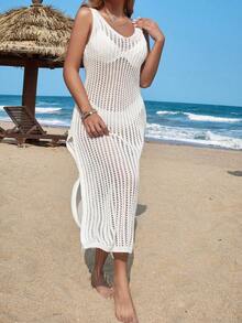 Women's Fashionable Hollow Out Round Neck Mesh Swimwear Cover Up Dress, Not Bikini (Bikini Not Included) - White - View 5