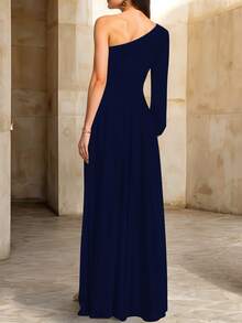 Casual Off Shoulder Leg Slit Dress - 藏蓝色 - 查看 3
