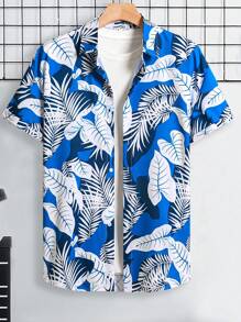 Hawaiian Shirt Men Floral Printed Button Up Short Sleeve Shirts, Summer Blue , For Vacation, For Boyfriend Gift - Multicolor - View 2