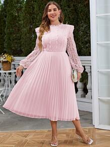 Simplee Plus Size Women's Summer New Contrast Lace Pleated Hem Elegant Long Dress, Suitable For Elegant Party, Wedding Guest