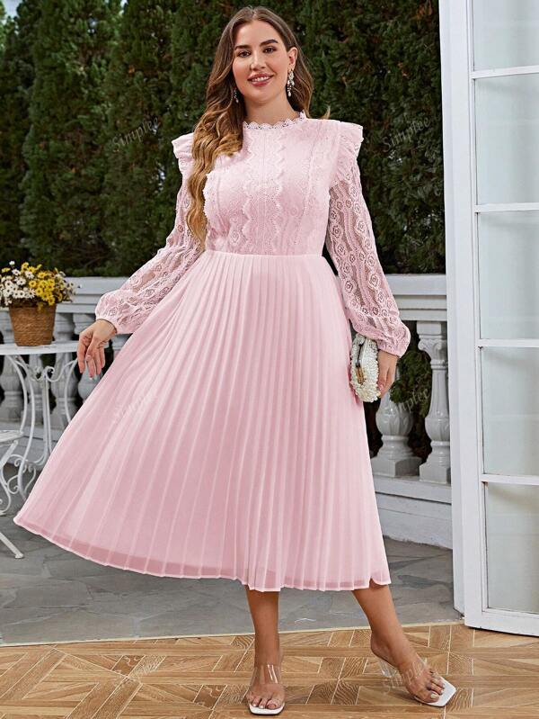 Simplee Plus Size Women's Summer New Contrast Lace Pleated Hem Elegant Long Dress, Suitable For Elegant Party, Wedding Guest