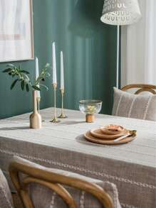 1pc Rustic Style Beige Multi-Line Tablecloth, Rectangular Coffee Table, TV Cabinet, Decorative Dining Table Cover For Kitchen, Family Gathering, Outdoor Picnic - Multicolor - View 3