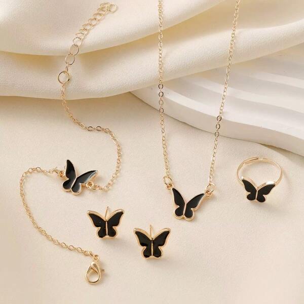 4pcs Oil Drop Butterfly Necklace Earring Ring Jewelry Set For Women