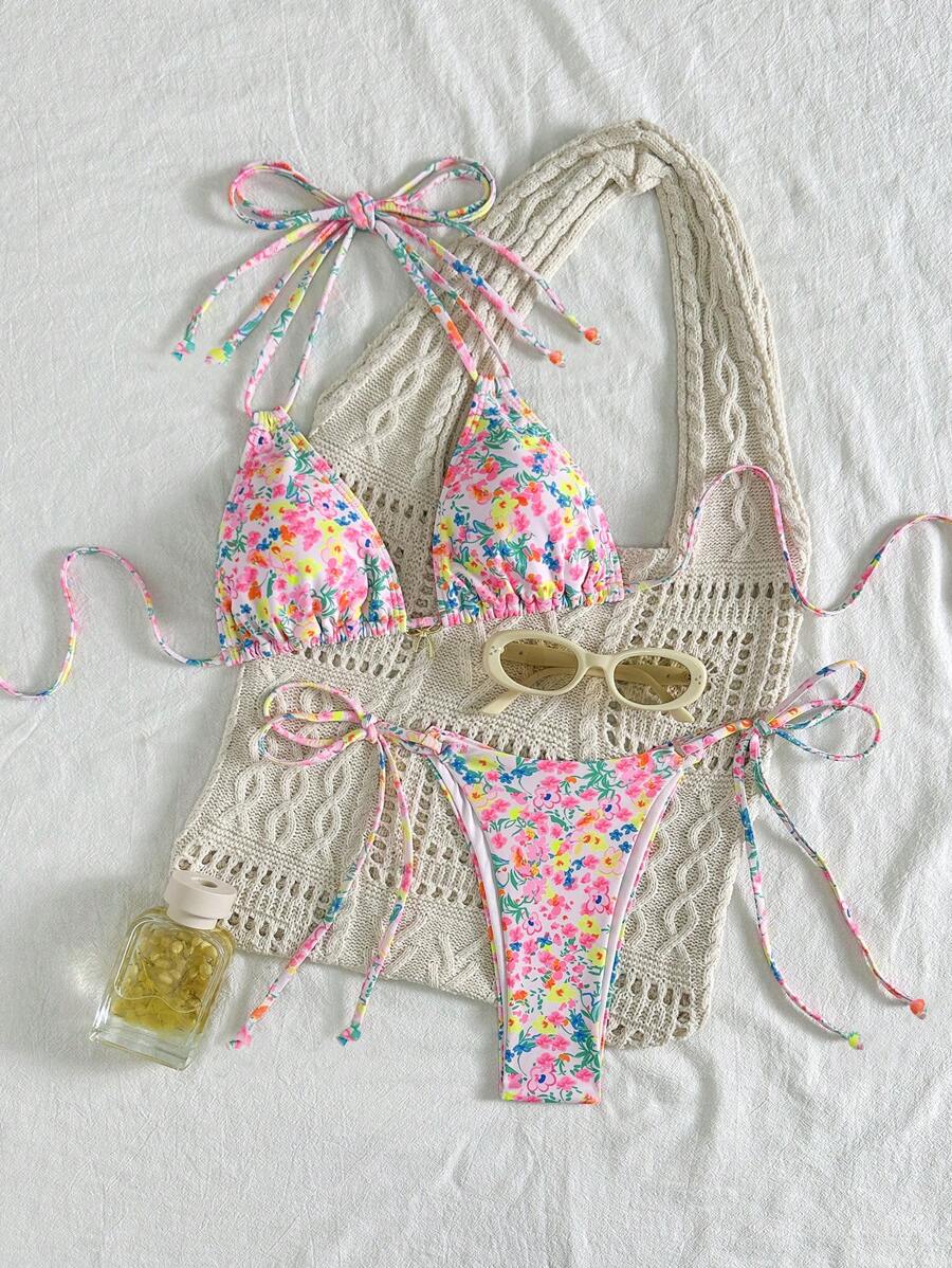 Women's Halterneck Printed Ditsy Floral Two Pieces Bikini Set, Summer Beach - Pink - View 1