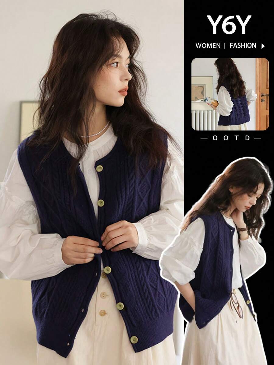 Y6Y French Style Collegiate Round Neck Sleeveless Knit Top For Women, Spring/Autumn - Royal Blue - View 1