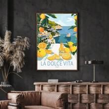 1 pièce, Peinture décorative encadrée, suspendue sur canevas, affiche, œuvre murale, Impression sur canevas de style italien "La Dolce Vita", affiche avec citron et paysage côtier, parfait pour le salon, la chambre, la décoration de bureau, cadeau idéal