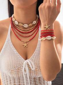 imoli 2pcs/Set Bohemian Beach Style Colorful Beaded Handmade Starfish Necklace & Bracelet Jewelry Set For Women, Party Gift (Random Color Beads, Handmade Chain Length & Seashell Size May Vary) - Multicolor - View 7
