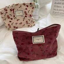 1 pezzo Borsetta per trucco, bella con motivo floreale a rose, portapennelli, porta cancelleria, pochette multifunzionale con zip, borsetta cosmetica portatile, porta medicinali, salviette e tessere, confezione regalo, borsa da toilette, custodia per cosmetici da donna, per contenere rossetti, pennelli da trucco, prodotti per la cura della pelle, telefono cellulare, monete, piccoli articoli, per uso domestico, da viaggio, per vacanze e scuola, per spiaggia, bagno, camera da letto, grande capacità