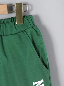 2 Stücke/Set modisches, simples Buchstabenprint Lässig Strick Sport Rundhals Kurzarm T-Shirt & Shorts Set für Jungen im Alter von 8-12 Jahren - Weiss - Übersicht 4