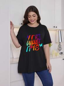 Women's Plus Size Letter Print Casual Summer T-Shirt, Round Neck Short Sleeve Top, Light And Comfortable Style