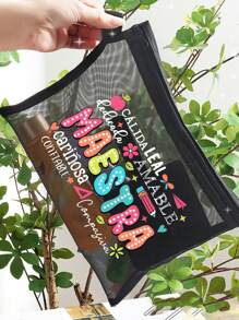 MAESTRA Letter Pattern Mesh Bag, Letter Print Zipper Makeup Bag, Transparent Mesh Storage Bag/Toiletry Bag, Gift For Her, Suitable For Cosmetics Storage, Dorm Room, Mother's Day Gift Make Up Bag - Multicolor - View 4