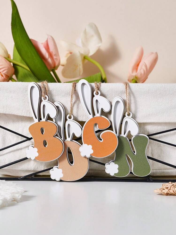 1 pieza, 1.7*3.9~2.5*3.9 Pulgadas Letras decorativas colgantes con orejas de conejo, diseños múltiples disponibles, lindo adorno de escritorio de conejo de madera para celebración de Pascua, decoración del hogar - Multicolor - Añade 5