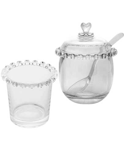 Kit Açucareiro e Colher de Vidro + Porta Talher Coração Lyor