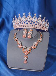 4 件优雅奢华巴洛克水晶皇冠项链耳环配饰套装，新娘婚礼头饰，女士派对活动成人礼物皇冠项链耳环