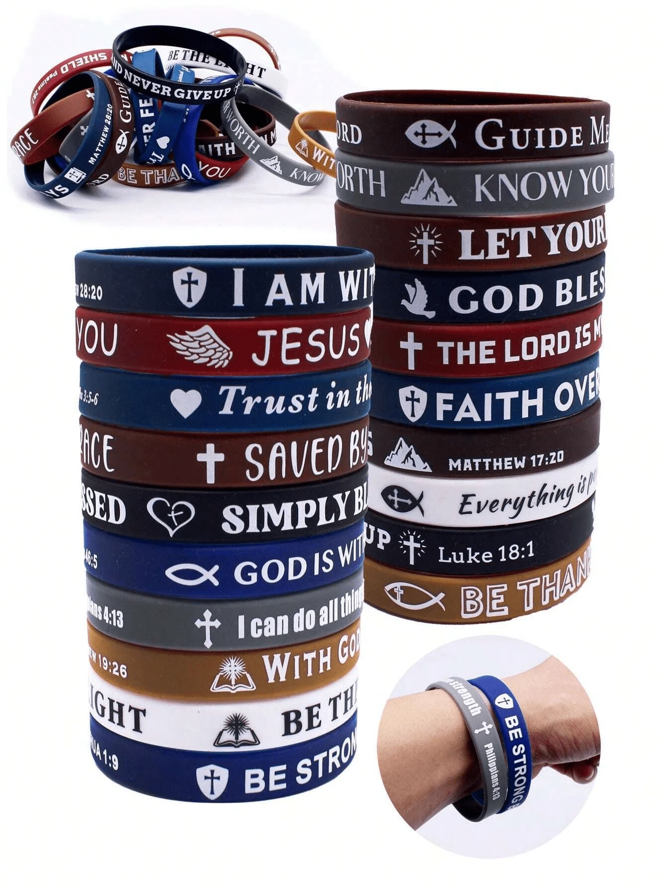 20pcs/Set Bible Verse Design Silicone Wristbands, Multi-Color Combination, Inspirational Stress Relief Sports Bracelet (Random Color) - Multicolor - View 1