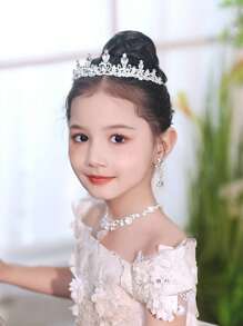 4pcs Silver Diamond Crystal Jewelry Set For Teenagers - Necklace, Tiara Crown, Hair Accessories, Princess Party Headband, Luxury Bridal Wedding Jewelry Gift Box For Holidays, Ball Events