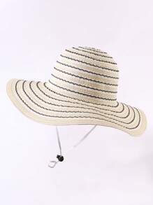 1 件双色条纹简约休闲宽边太阳帽，男女通用户外街头登山旅游沙滩防晒小渔夫帽