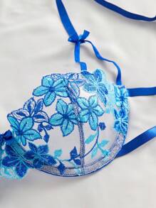 Style Dream 女士春夏新款蓝色文胸套装，网纱花卉刺绣钢圈文胸和内裤两件套内衣，性感透视超薄文胸，清爽浅蓝色 - 藍色 - 查看 3