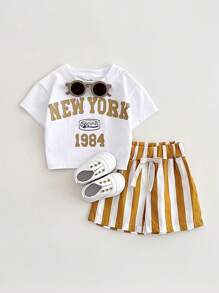 2Pcs/Set Newborn Infant Baby Boys Girls Casual Letter Print Short Sleeve Top + Striped Shorts, Summer
