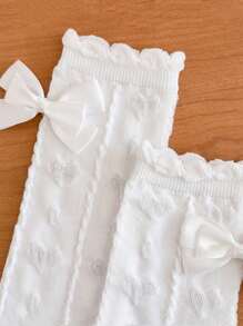 1 双女童公主风格蝴蝶结点缀轻盈柔软及膝袜，白色，适合春秋季节日常生活 - 白色 - 查看 5