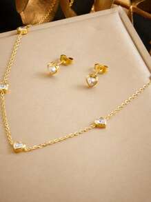 1 Set Gold Plated Rhinestone & Clear Heart Shaped Stainless Steel Earrings & Necklace Jewelry Set - Gold - View 1