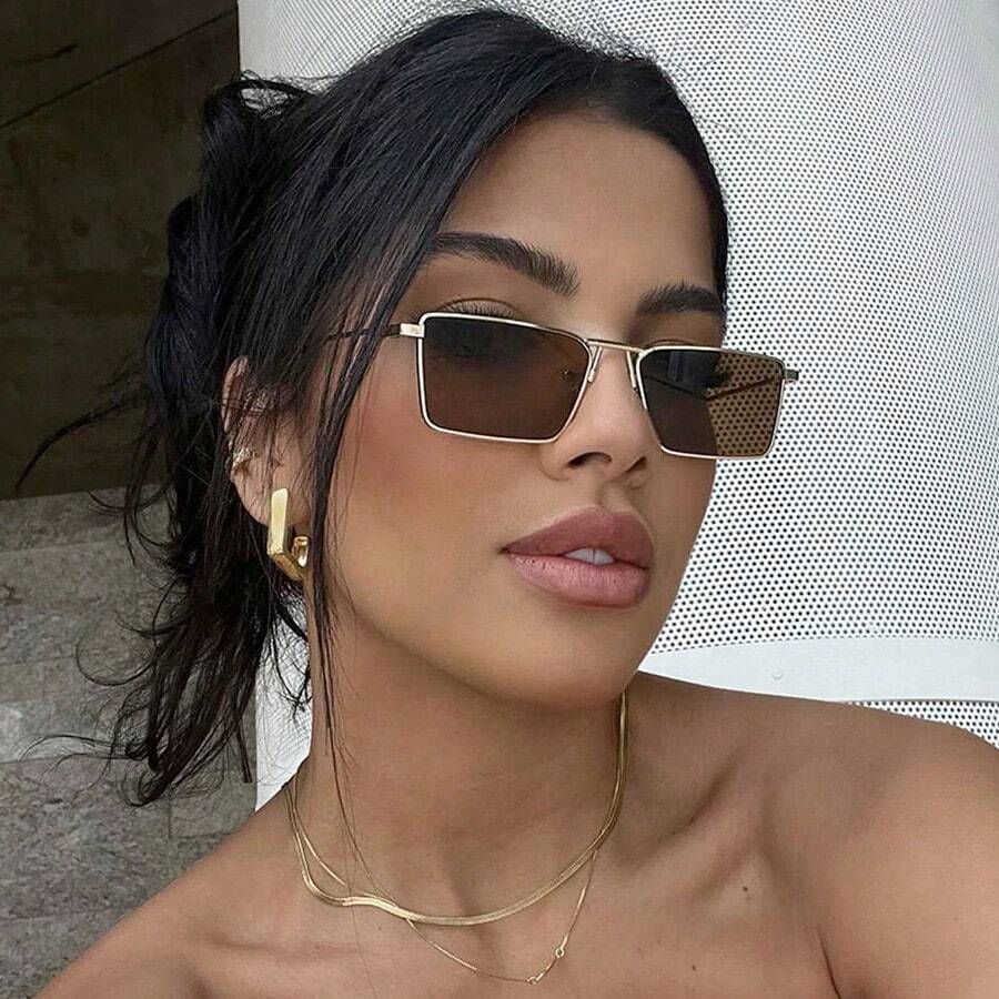 1 件女式复古金属方形小框时尚眼镜，复古风格，时尚眼镜，适合个性化日常服装和沙滩配饰 - 彩色 - 查看 1