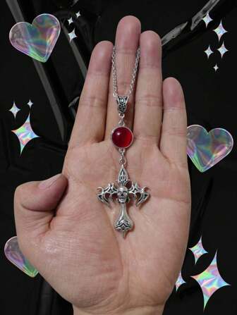 1 件哥特式红色圆形玻璃吊坠项链，适合女性日常佩戴，链长：50 厘米