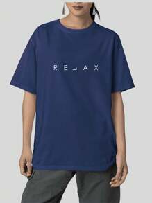 Women's Oversized T-Shirt With Relax Print, Fashion , 100% Cotton - 藏蓝色 - 查看 2