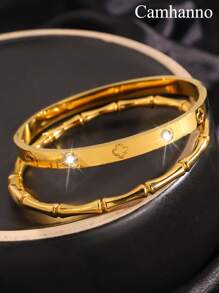 Camhanno 2 款简约、时尚、优雅迷人的不锈钢竹锆石手链，形状和款式各异，为您的美丽加分，适合日常节日佩戴，也适合送给爱人/挚友 - 金色 - 查看 12
