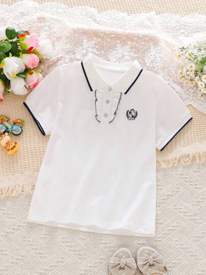 Girls Short Sleeve T-Shirt, Elegant Lace Collar Embroidered Polo Shirt, Soft & Breathable, White School Uniform Top For Little & Big Girls, Summer New Tween Girl Clothing