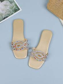 1 Pair Teens' Gold Color Crystal & Rhinestone Decorated Strap Slides, Soft Non-Slip Sole