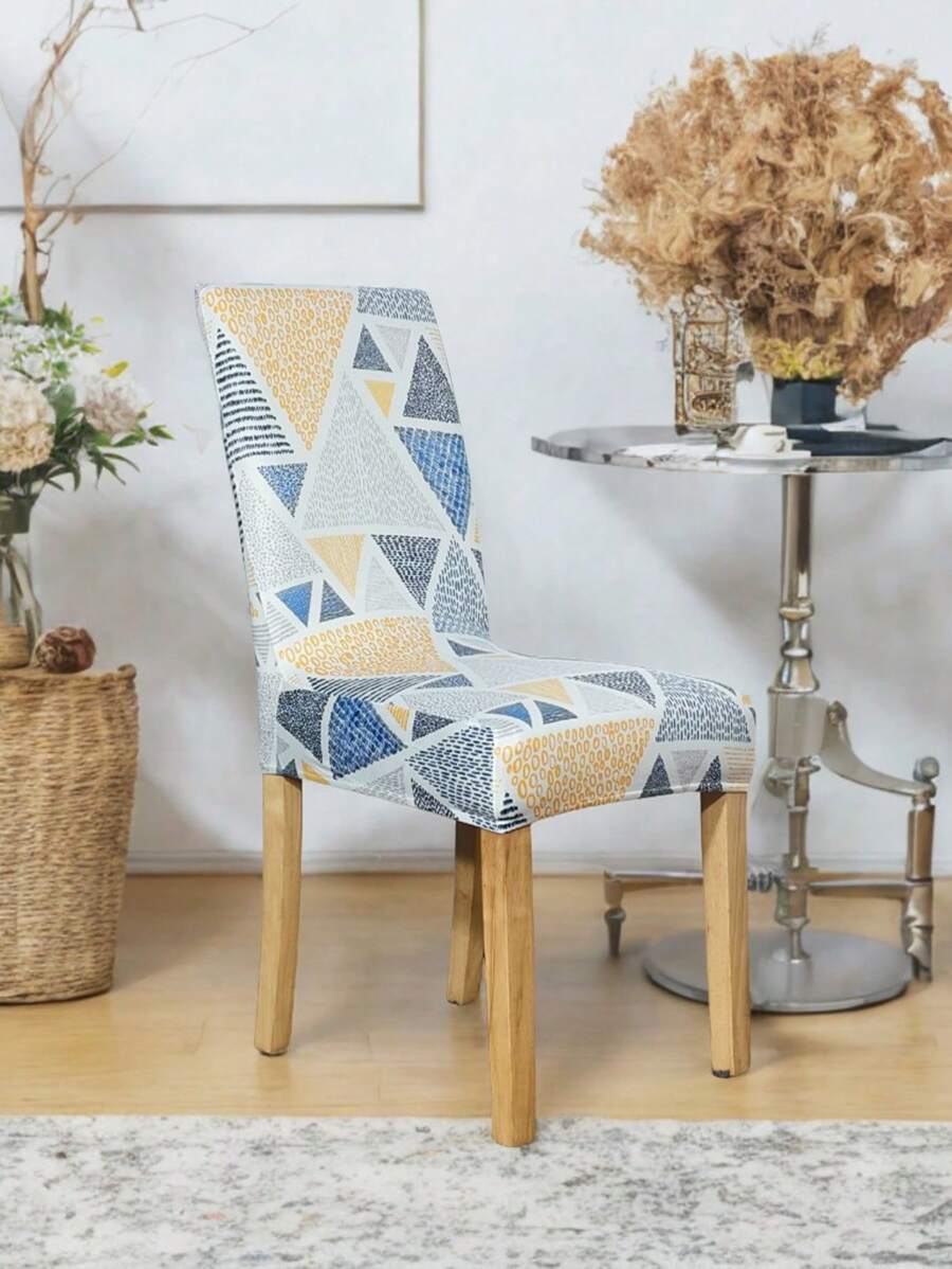 1pc High Elasticity Digital Printing Chair Cover, Geometric Pattern, Bohemian Style, High Stretch Polyester Fiber Dustproof Chair Slipcover